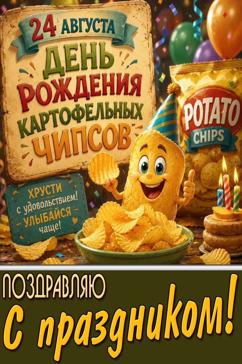 Картинка 24 августа - день рождения картофельных чипсов! Хрусти с удовольствием! Улыбайся чаще! Поздравляю с праздником!