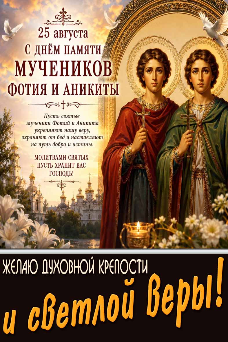 Красивая картинка с ликом святых и цветами на фоне православных храмов к церковному празднику 25 августа - с днём памяти мучеников Фотия и Аникиты! Желаю духовной крепости и светлой веры! Картинка 25 августа - с днём памяти мучеников Фотия и Аникиты! Желаю духовной крепости и светлой веры!