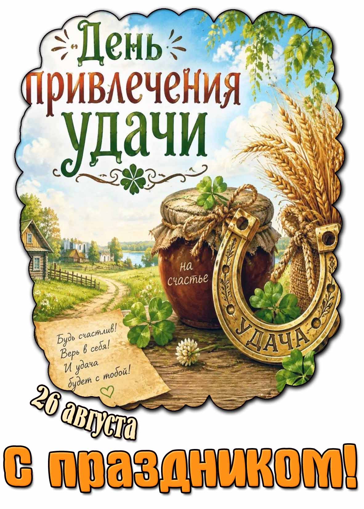 Картинка 26 августа - день привлечения удачи! Будь счастлив! Верь в себя! И удача будет с тобой! С праздником!