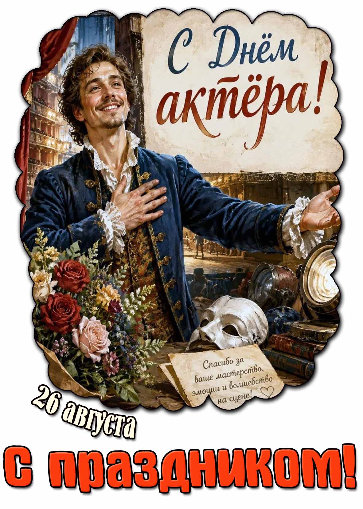 Картинка 26 августа - с днём актёра! Спасибо за ваше мастерство, эмоции и волшебство на сцене! С праздником!