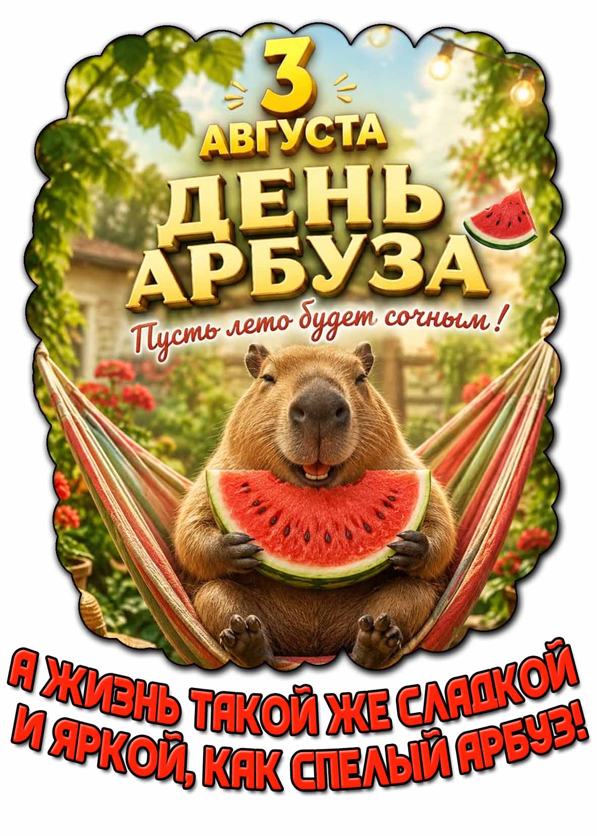 Картинка 3 августа - день арбуза! Пусть лето будет сочным! А жизнь такой же сладкой и яркой, как спелый арбуз!
