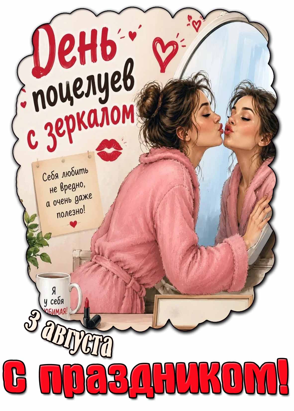 Картинка 3 августа - день поцелуев с зеркалом! Себя любить не вредно, а очень даже полезно! С праздником!