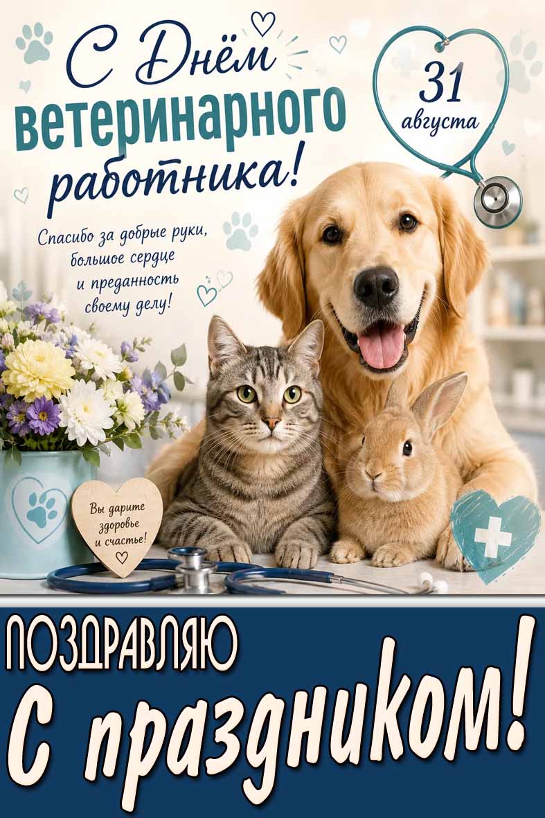 Картинка 31 августа - с днём ветеринарного работника! Спасибо за добрые руки, большое сердце и преданность своему делу! Поздравляю с праздником!
