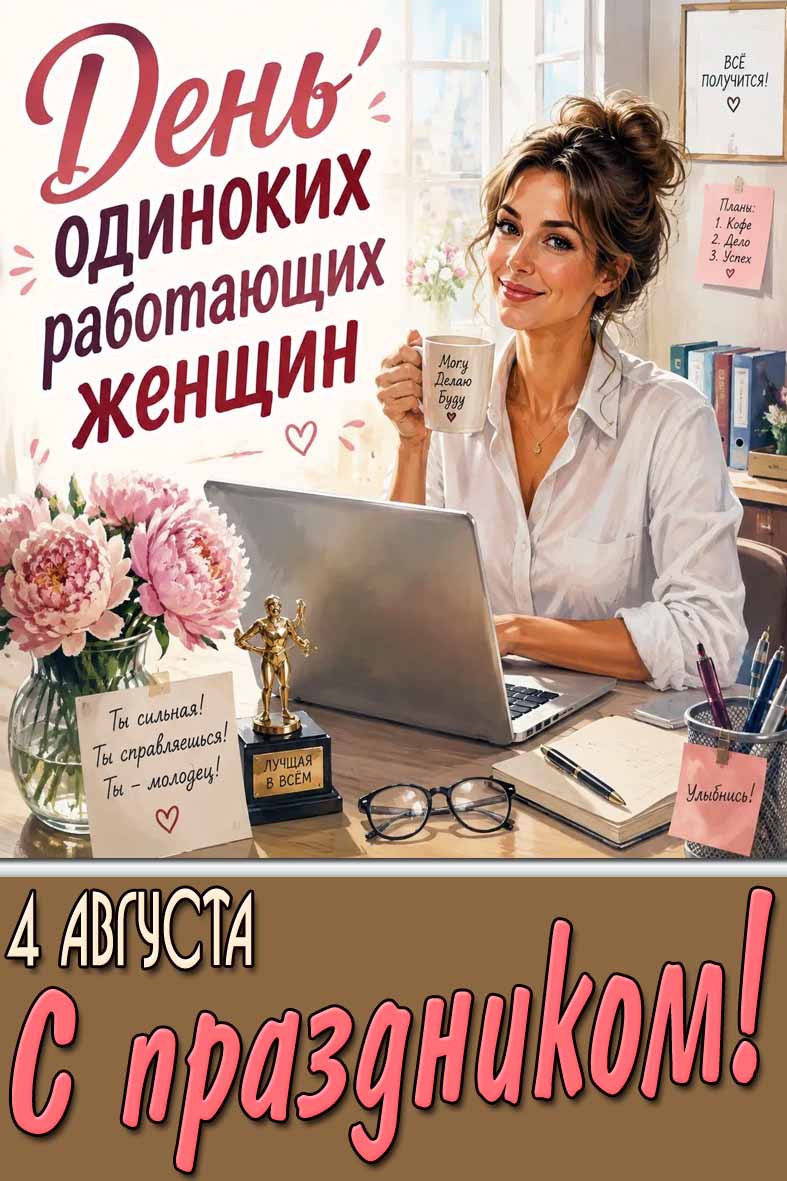 Картинка 4 августа - день одиноких работающих женщин! Ты сильная! Ты справишься! Ты - молодец! С праздником!