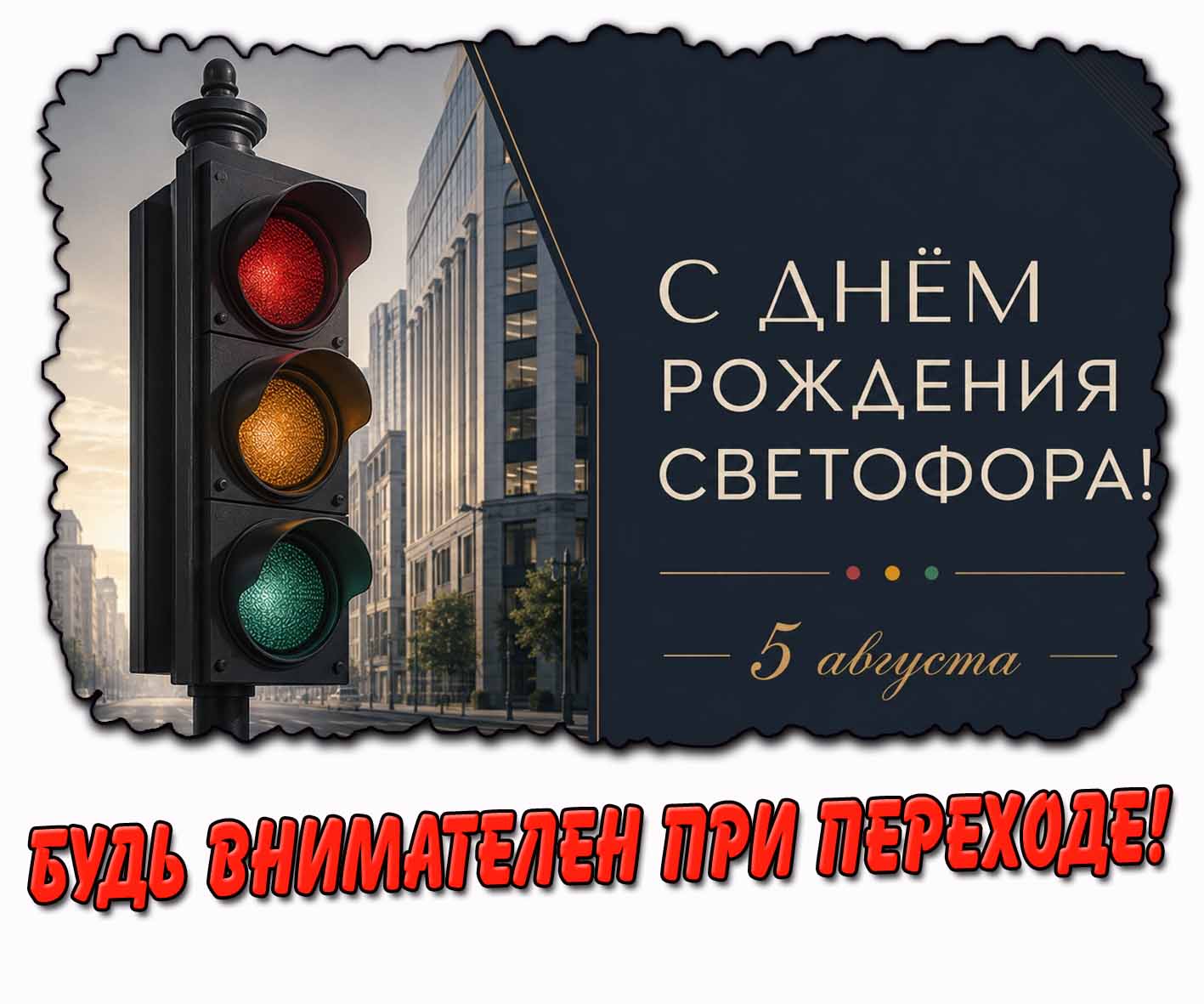 Картинка 5 августа - с днём рождения светофора! Будь внимателен при переходе!
