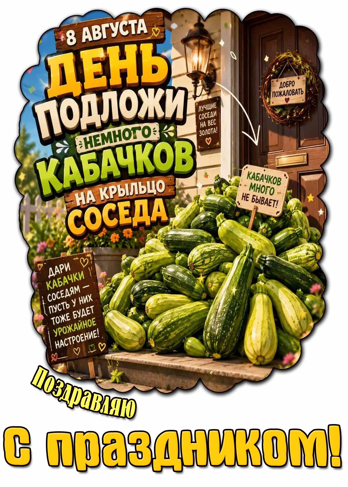 Картинка "8 августа - день подложи немного кабачков на крыльцо соседа! Дари кабачки соседям - пусть у них тоже будет урожайное настроение! Поздравляю с праздником!"