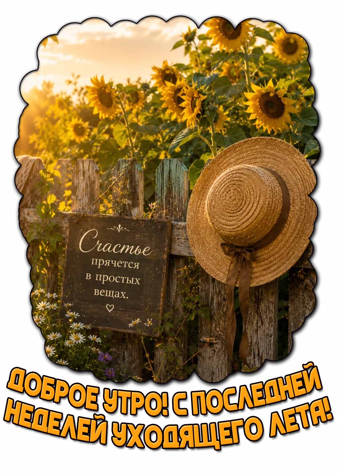 Красивая солнечная картинка со шляпой висящей на заборе на фоне подсолнухов и надписью : Доброе утро! С последней неделей уходящего лета! Счастье прячется в простых вещах! Картинка "Доброе утро! С последней неделей уходящего лета!"