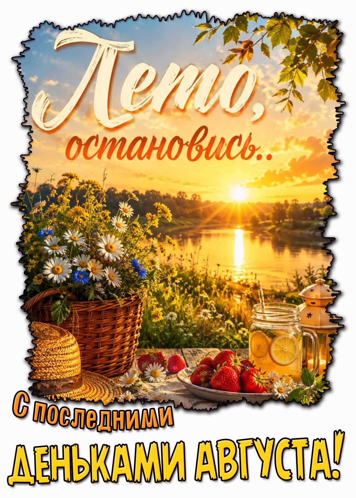 Красивая картинка с цветами, клубникой и лимонадом на фоне заката над рекой и надписью : Лето остановись... С последними деньками августа! Картинка "Лето остановись... С последними деньками августа!"