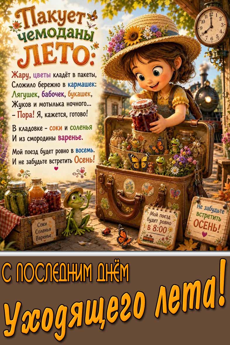 Картинка со стишком "Пакует чемоданы лето : С последним днём уходящего лета!"