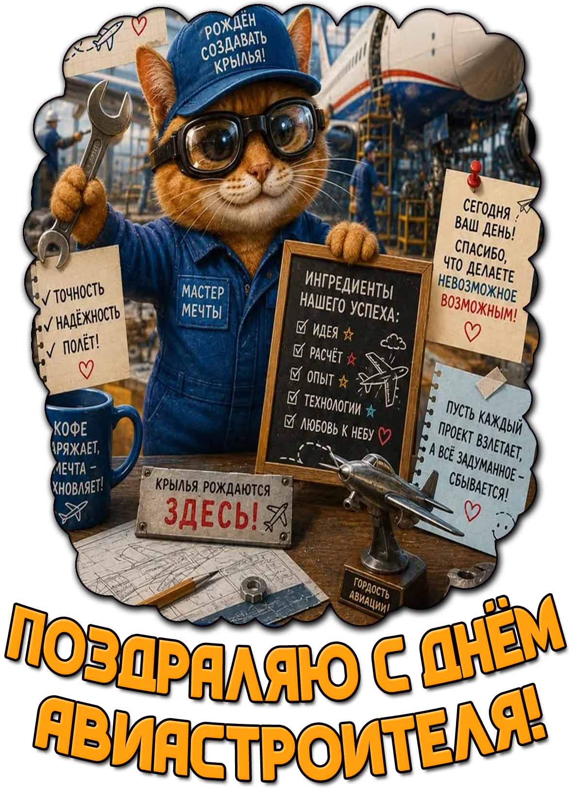 Красивая открытка с прикольным котом с гаечным ключом на авиационном заводе и надписью : Поздравляю с днём авиастроителя! Пусть каждый проект взлетает, а всё задуманное сбывается!