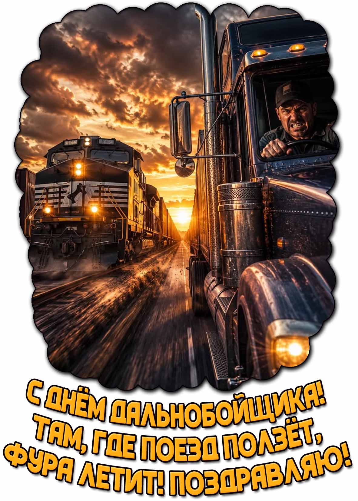 Картинка "С днём дальнобойщика! Там, где поезд ползёт, фура летит! Поздравляю!"