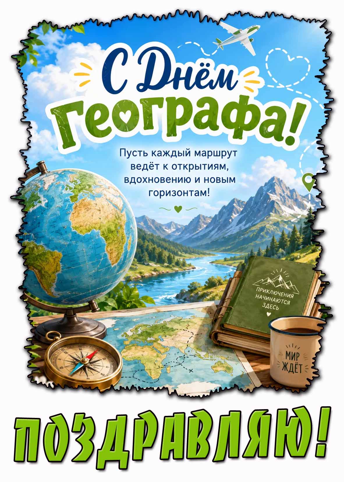 Картинка "С днём географа! Пусть каждый маршрут ведёт к открытиям, вдохновению и новым горизонтам! Поздравляю!"