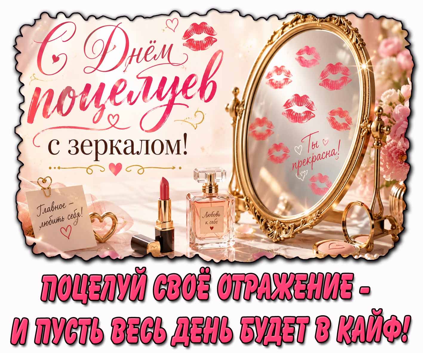 Картинка "С днём поцелуев с зеркалом! Поцелуй своё отражение - и пусть весь день будет в кайф!"