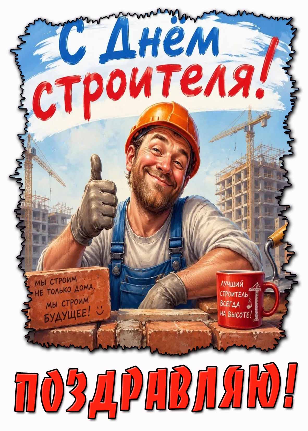 Картинка "С днём строителя! Мы строим не только дома, мы строим будущее! Лучший строитель всегда на высоте! Поздравляю!"