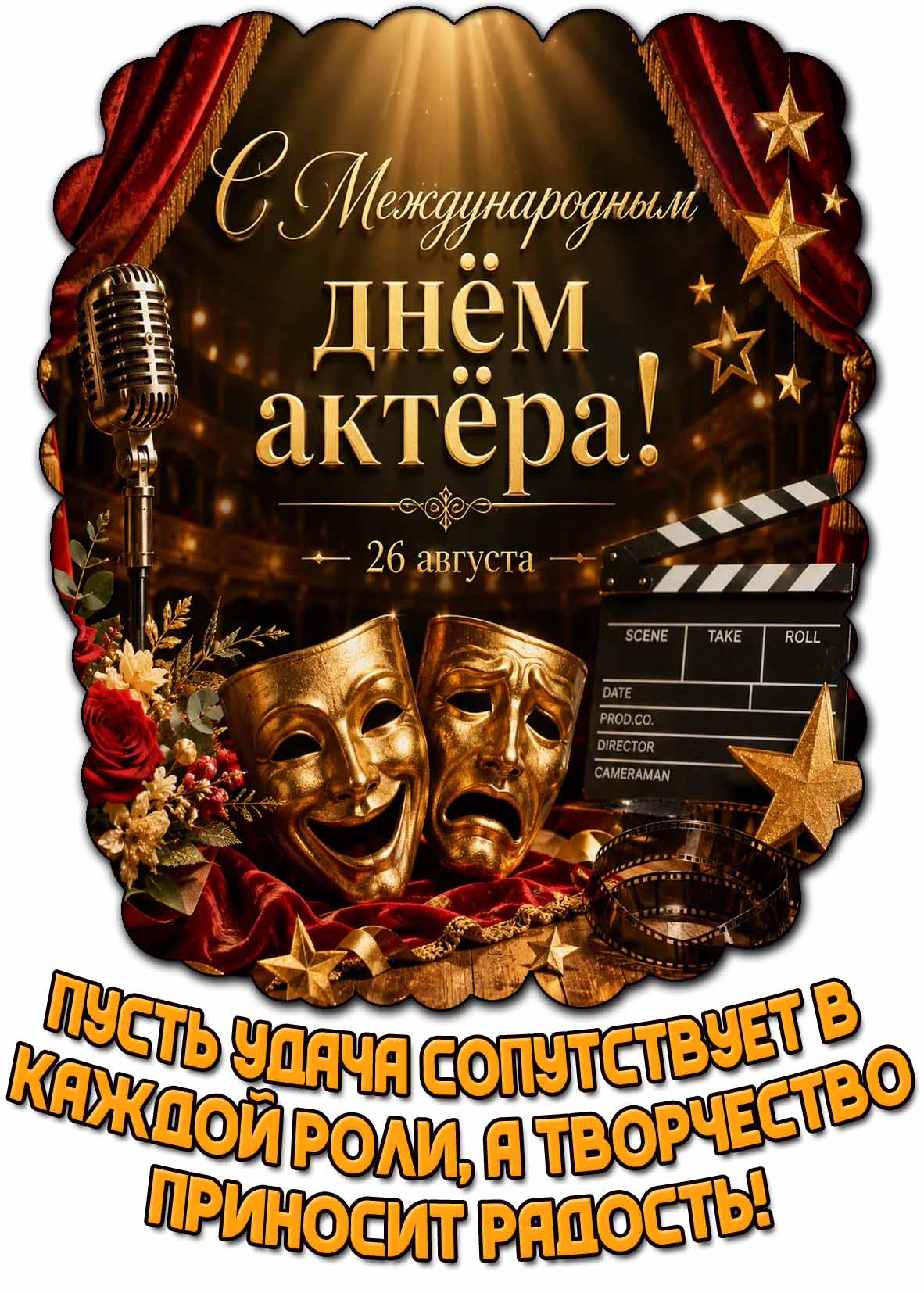 Картинка "С Международным днём актёра! Пусть удача сопутствует в каждой роли, а творчество приносит радость!" - 26 августа