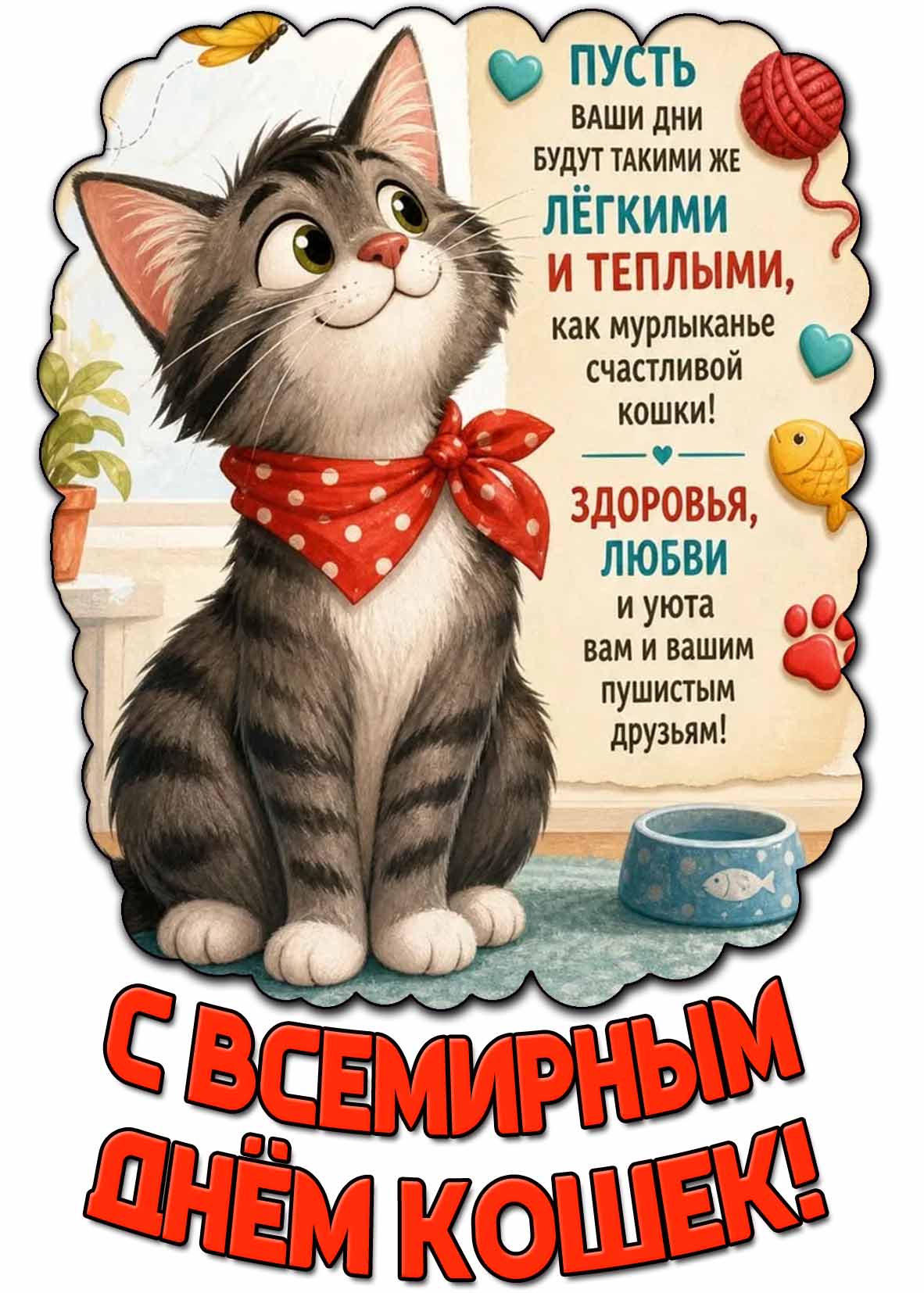 Картинка "С Всемирным днём кошек! Пусть ваши дни будут такими же лёгкими и тёплыми, как мурлыканье счастливой кошки!"