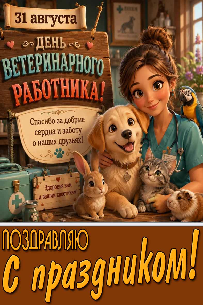 Красивая картинка 31 августа - день ветеринарного работника! Спасибо за добрые сердца и заботу о наших друзьях! Поздравляю с праздником!