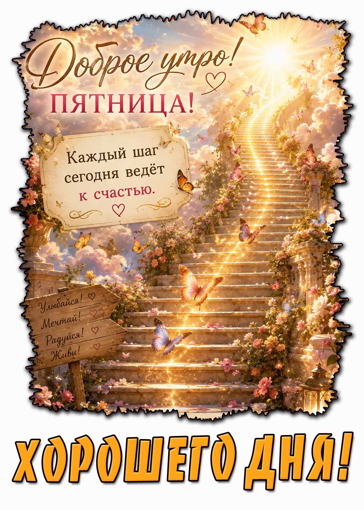 Красивая картинка "Доброе утро! Пятница! Каждый шаг сегодня ведёт к счастью! Улыбайся! Мечтай! Радуйся! Живи! Хорошего дня!"