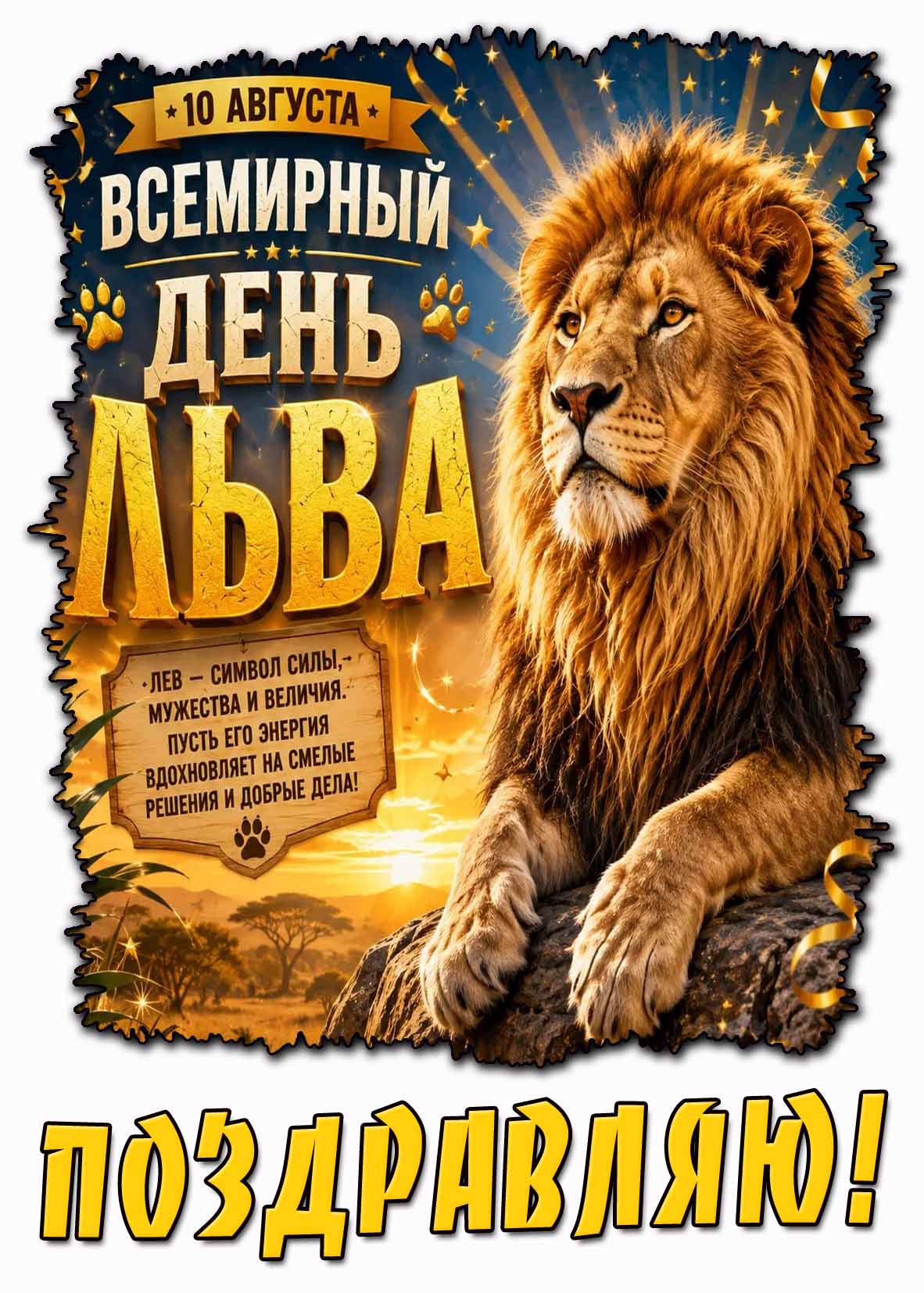 Красивая открытка 10 августа - всемирный день льва! Поздравляю!