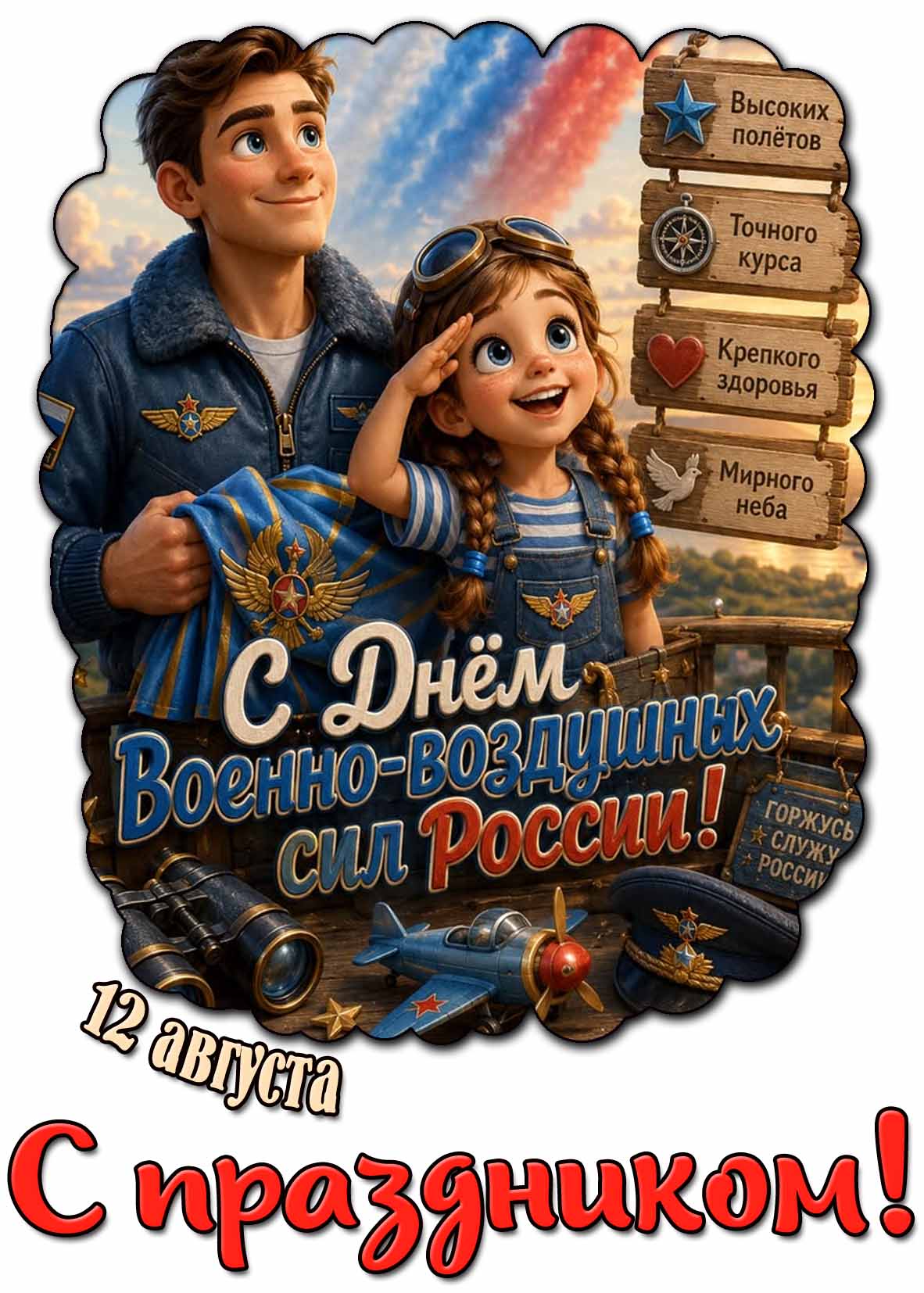 Красивая открытка 12 августа - с днём Военно-воздушных сил! Высоких полётов! Точного курса! Крепкого здоровья! Мирного неба!