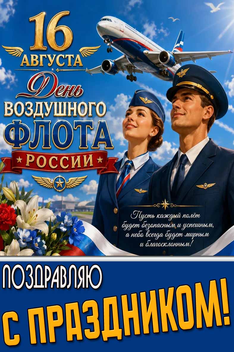 Красивая открытка 16 августа - день воздушного флота России! Поздравляю с праздником!