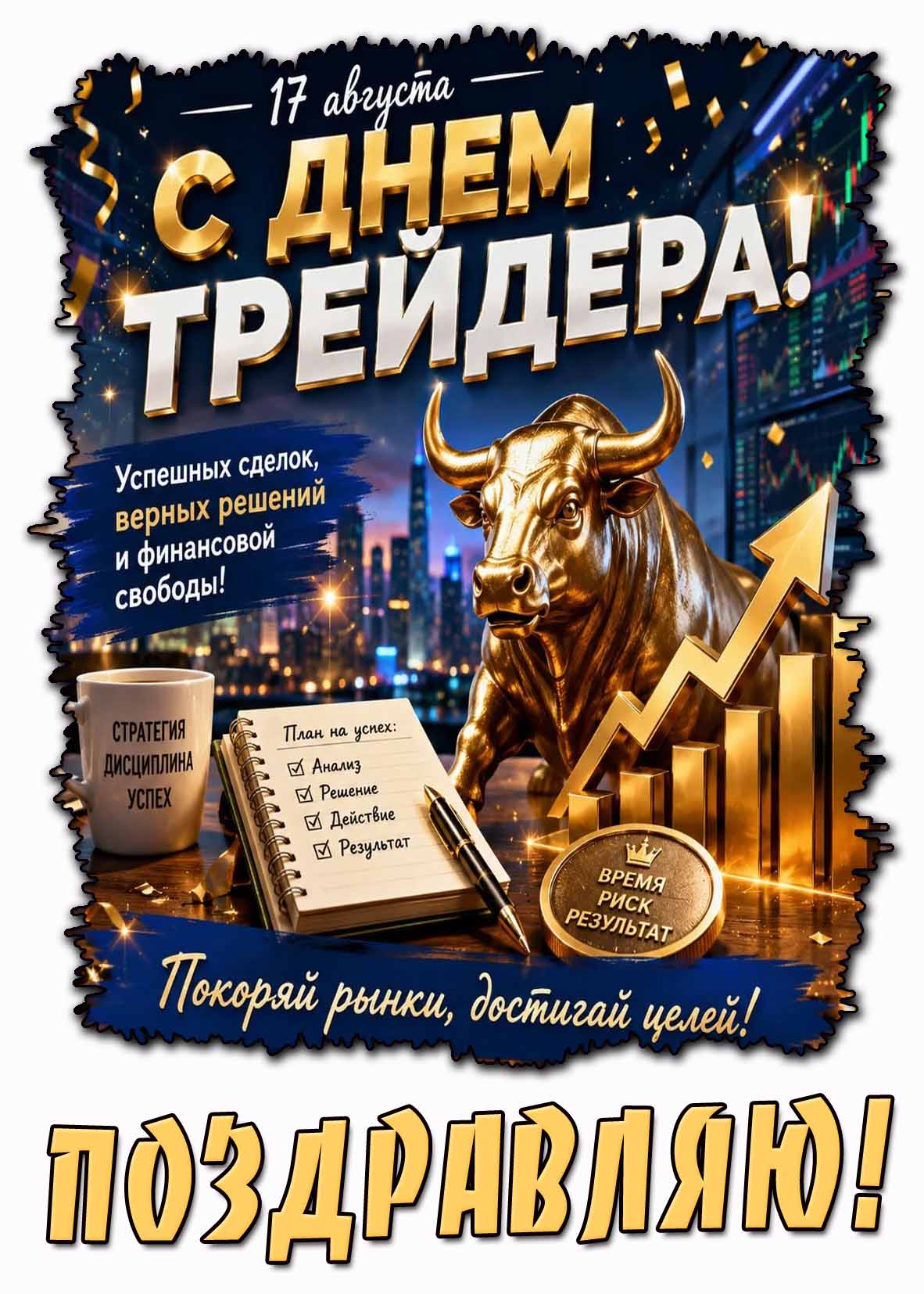 Красивая открытка с графиками и золотым быком к 17 августа - с днём трейдера! Покоряй рынки, достигай целей! Поздравляю! Успешных сделок, верных решений и финансовой свободы! Красивая открытка 17 августа - с днём трейдера! Покоряй рынки, достигай целей! Поздравляю!