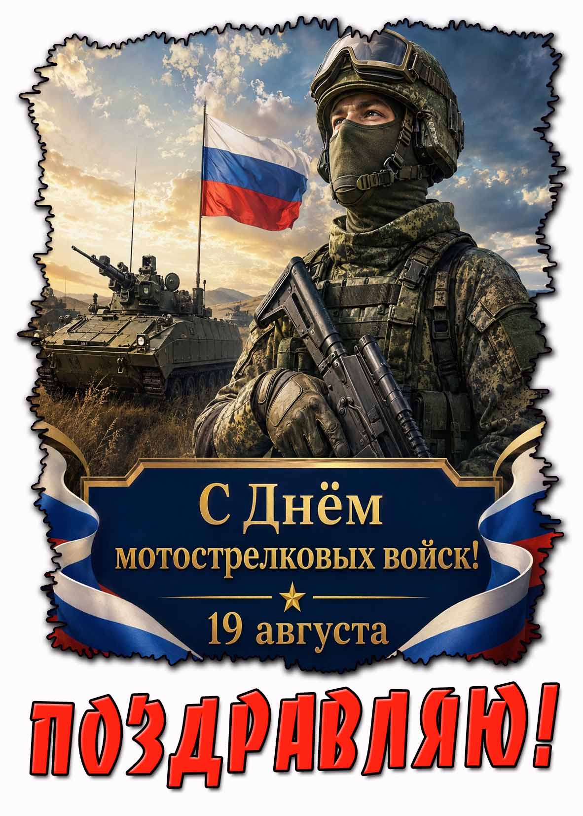 Красивая открытка 19 августа - с днём мотострелковых войск! Поздравляю!
