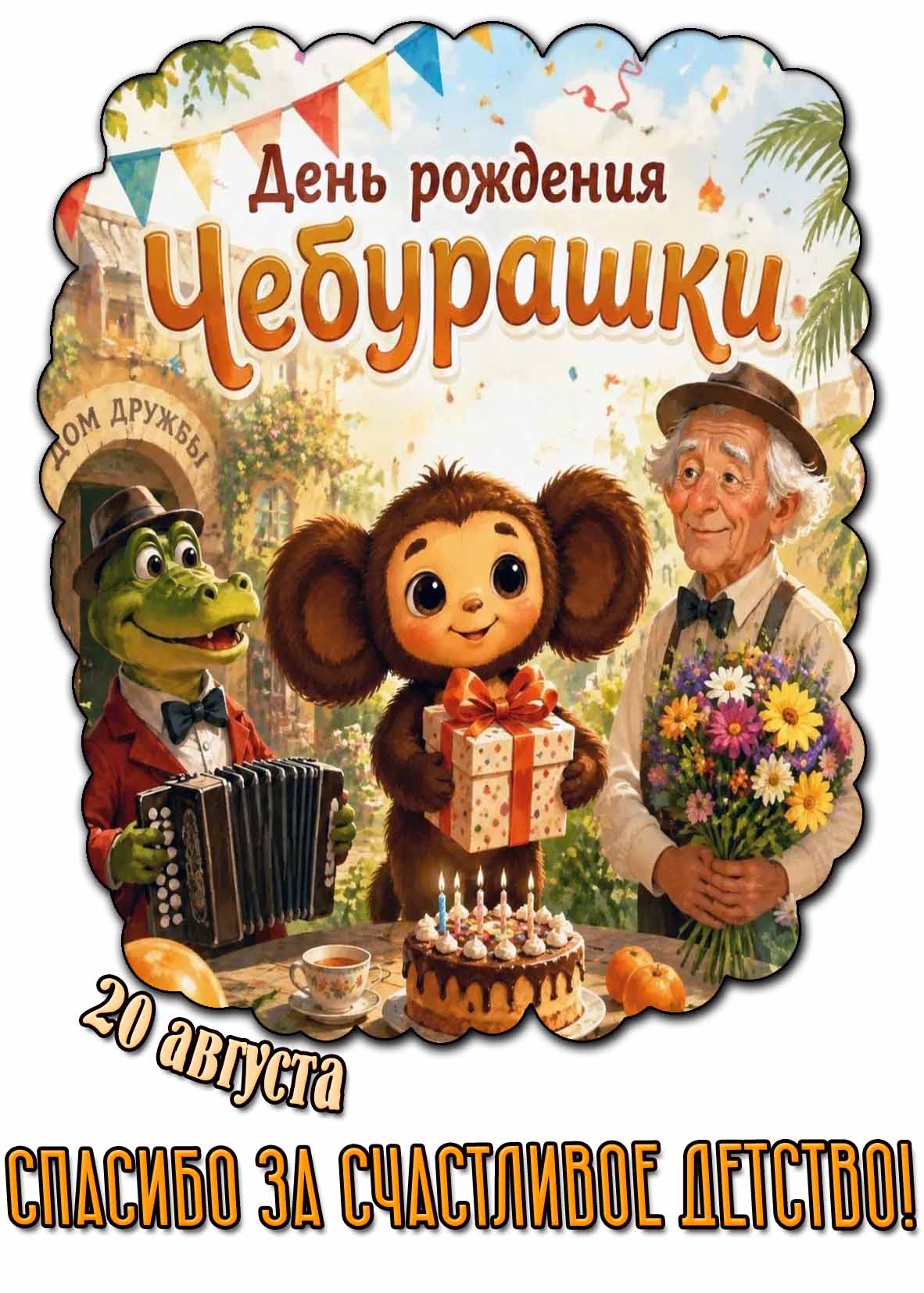 Красивая открытка 20 августа - день рождения Чебурашки! Спасибо за счастливое детство!