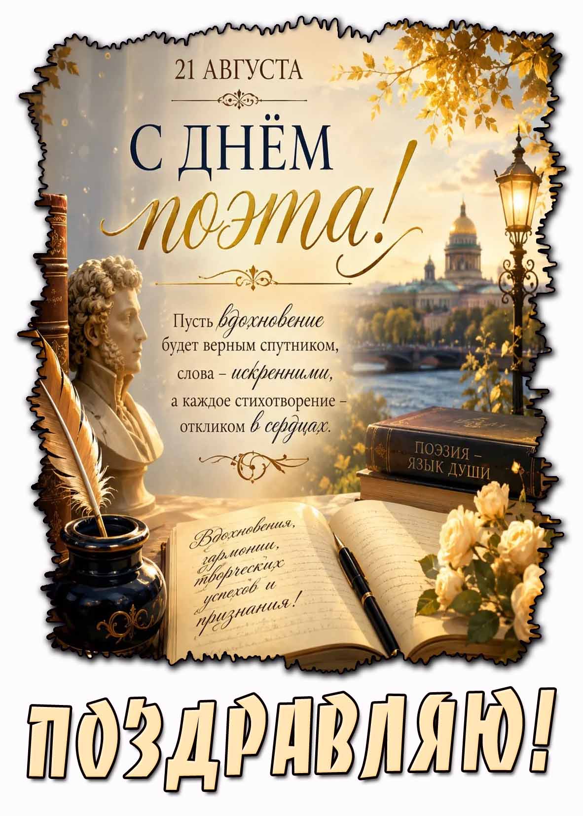Красивая открытка 21 августа - с днём поэта! Поздравляю!