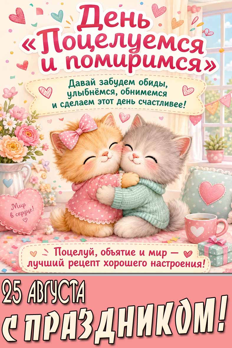 Красивая открытка 25 августа - день поцелуемся и помиримся! С праздником!