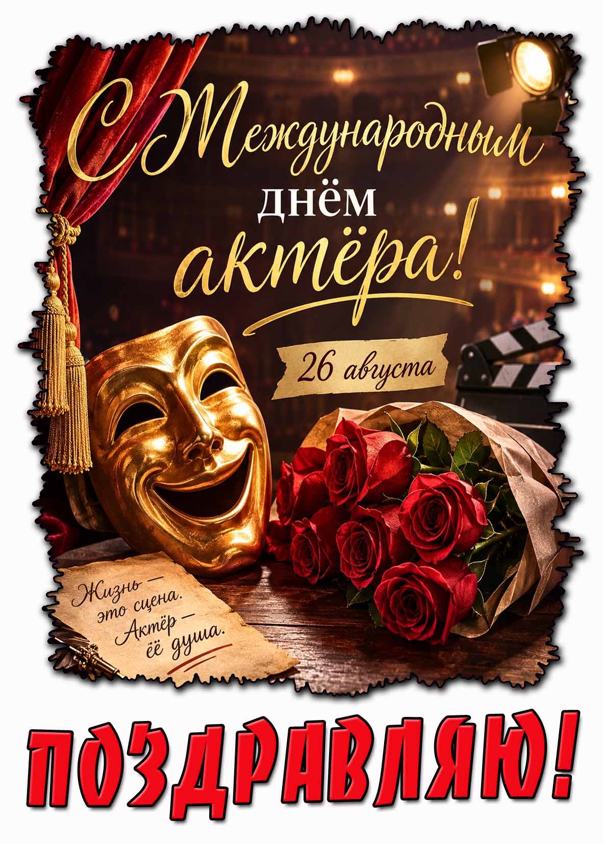 Красивая открытка 26 августа - с Международным днём актёра! Жизнь - это сцена! Актёр - её душа! Поздравляю!