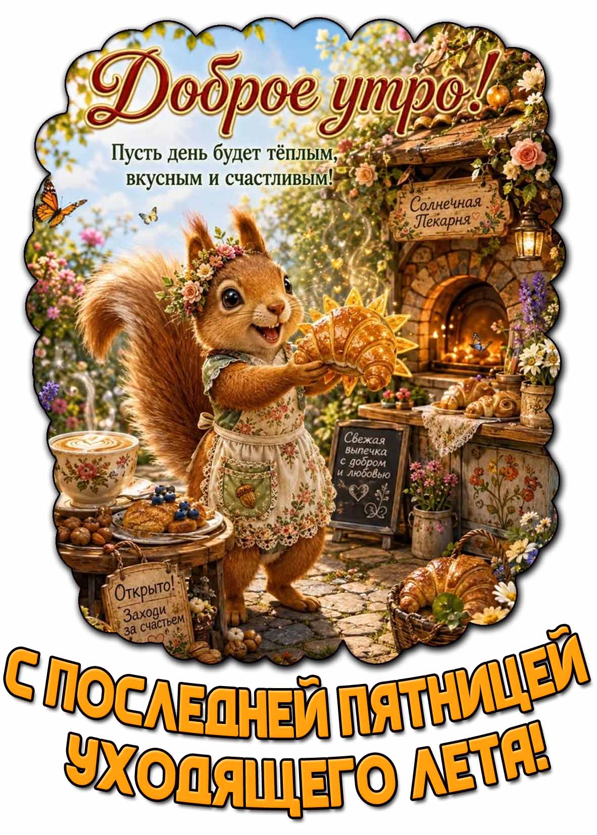 Красивая открытка "Доброе утро! С последней пятницей уходящего лета! Пусть день будет тёплым, вкусным и счастливым!"
