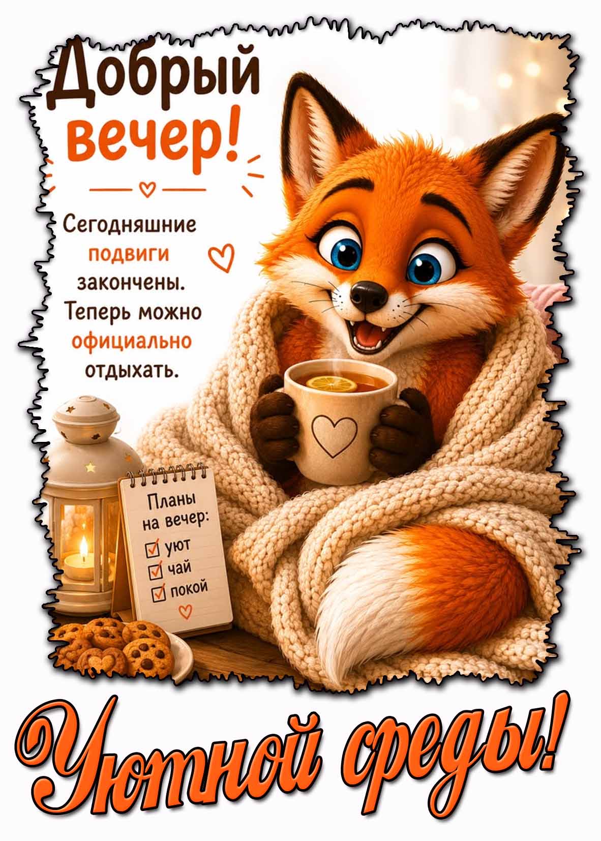 Красивая открытка "Добрый вечер! Уютной среды! Сегодняшние подвиги закончены! Теперь можно официально отдыхать!"