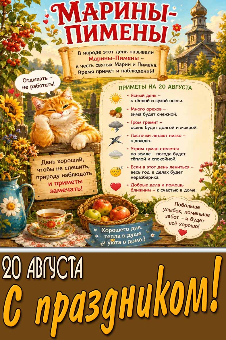 Красивая открытка на 20 августа Марины-Пимены! С праздником!