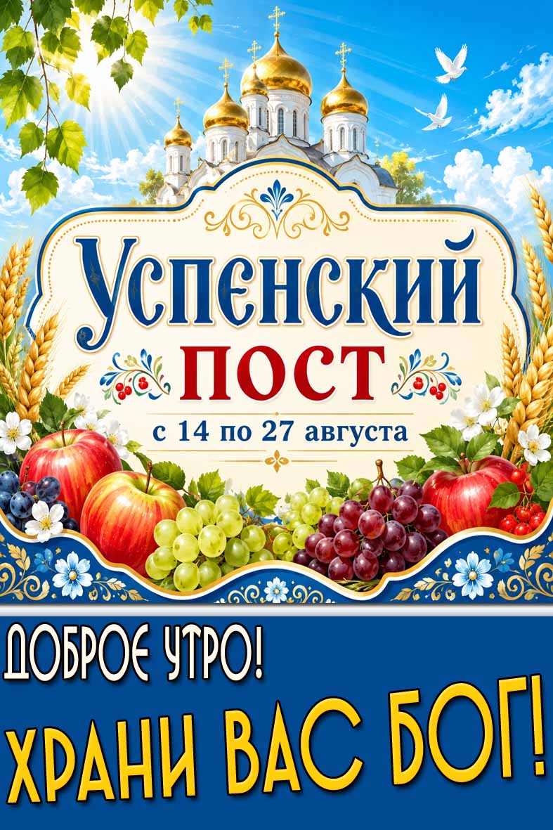 Красивая открытка "Успенский пост с 14 по 27 августа! Доброе утро! Храни Вас Бог!"