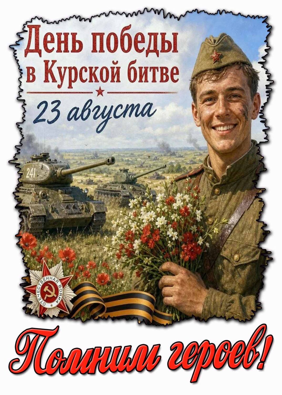 Красивая открытка с Советской звездой, георгиевской лентой, солдатом с букетом цветов на фоне танков к 23 августа - день победы в Курской битве! Помним героев!
