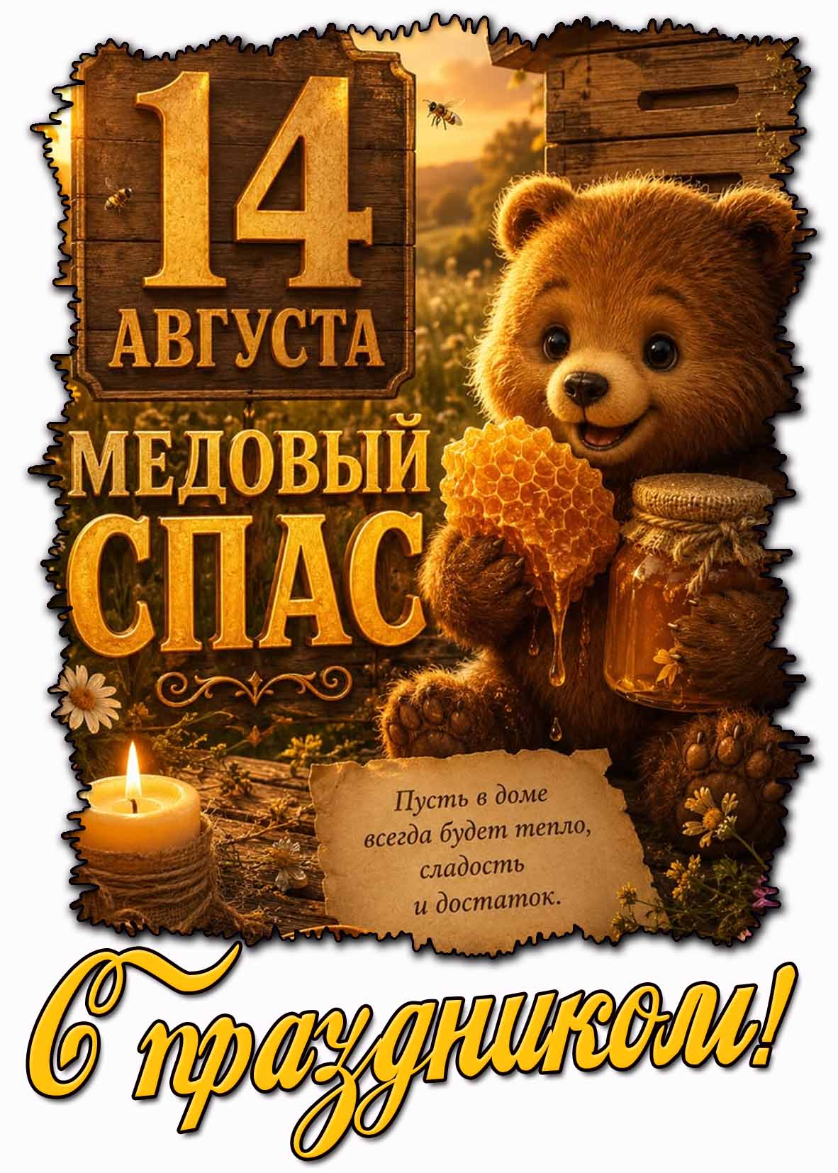 Открытка "14 августа - Медовый Спас! Пусть в доме всегда будет тепло, сладость и достаток! С праздником!"