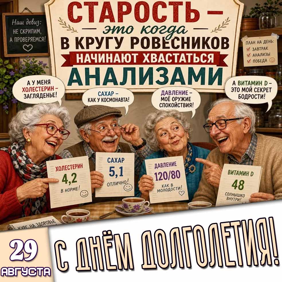 Смешная картинка 29 августа - с днём долголетия! Старость - это когда в кругу ровесников начинают хвастаться анализами!