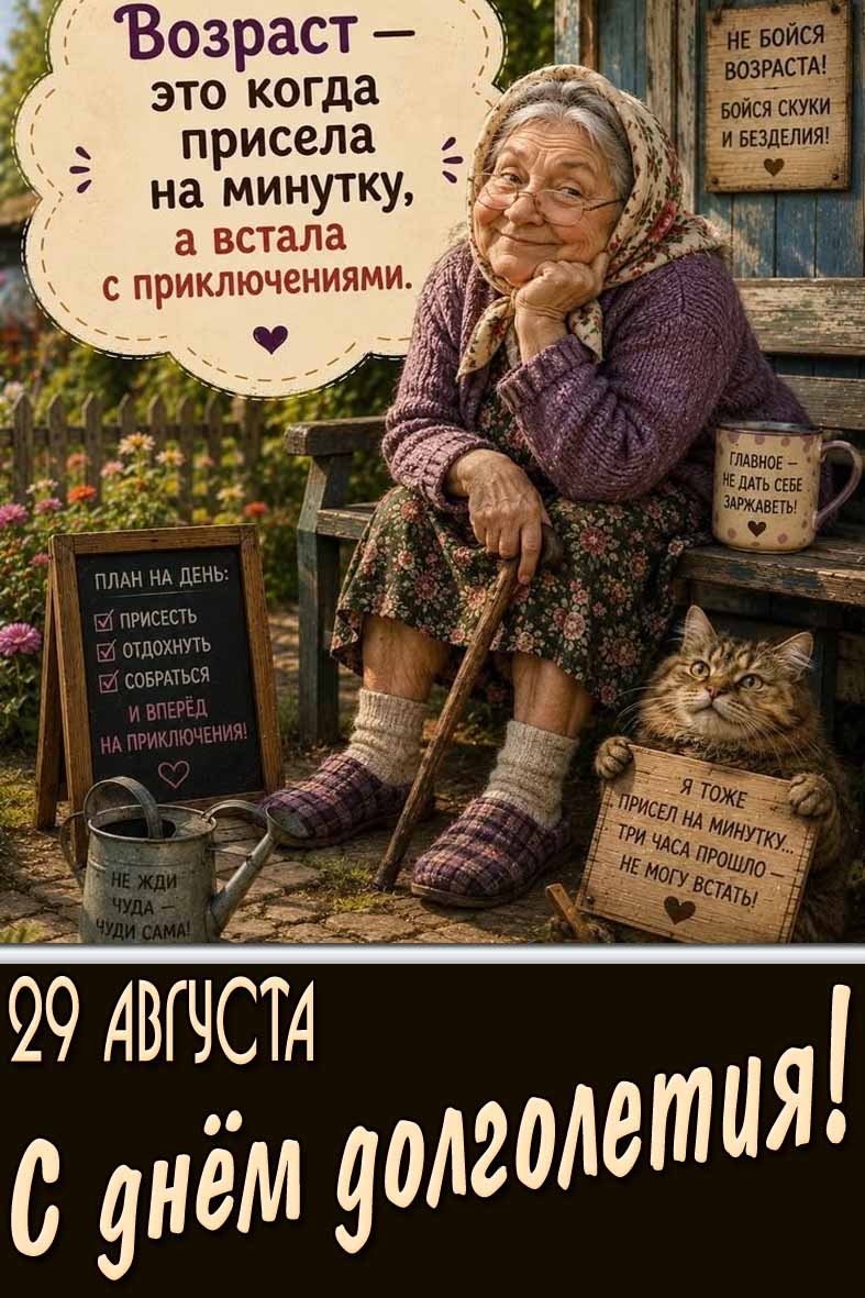 Прикольная открытка 29 августа - с днём долголетия! Возраст это когда присела на минутку, а встала с приключениями!