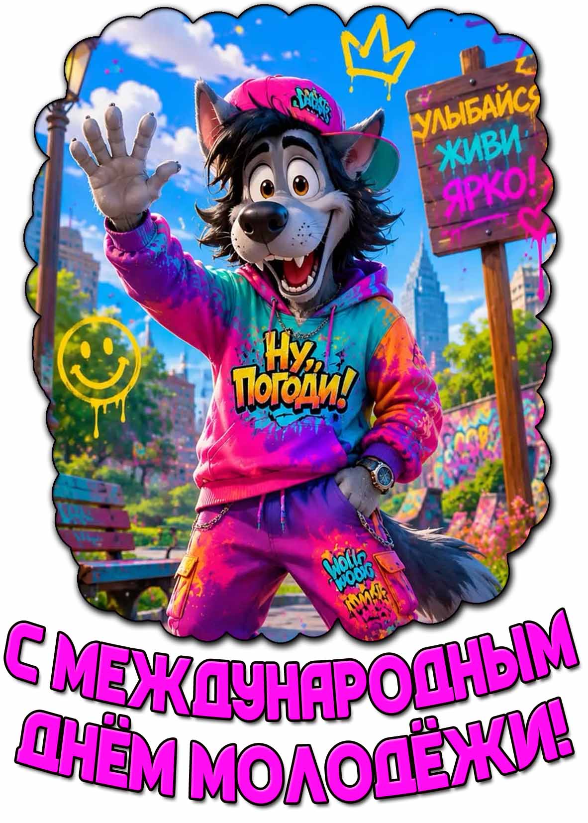 Мультяшная открытка "С Международным днём молодёжи! Улыбайся! Живи ярко!"