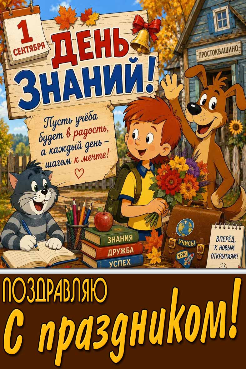 Мультяшная открытка 1 сентября - день знаний! Поздравляю с праздником!