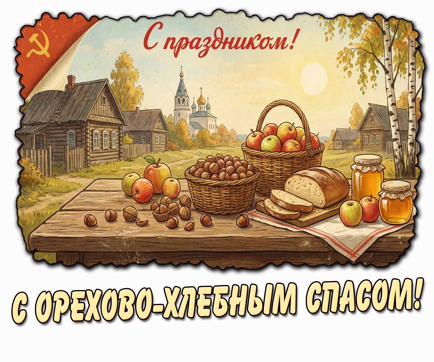 Советская открытка "С Орехово-Хлебным Спасом! С праздником!"