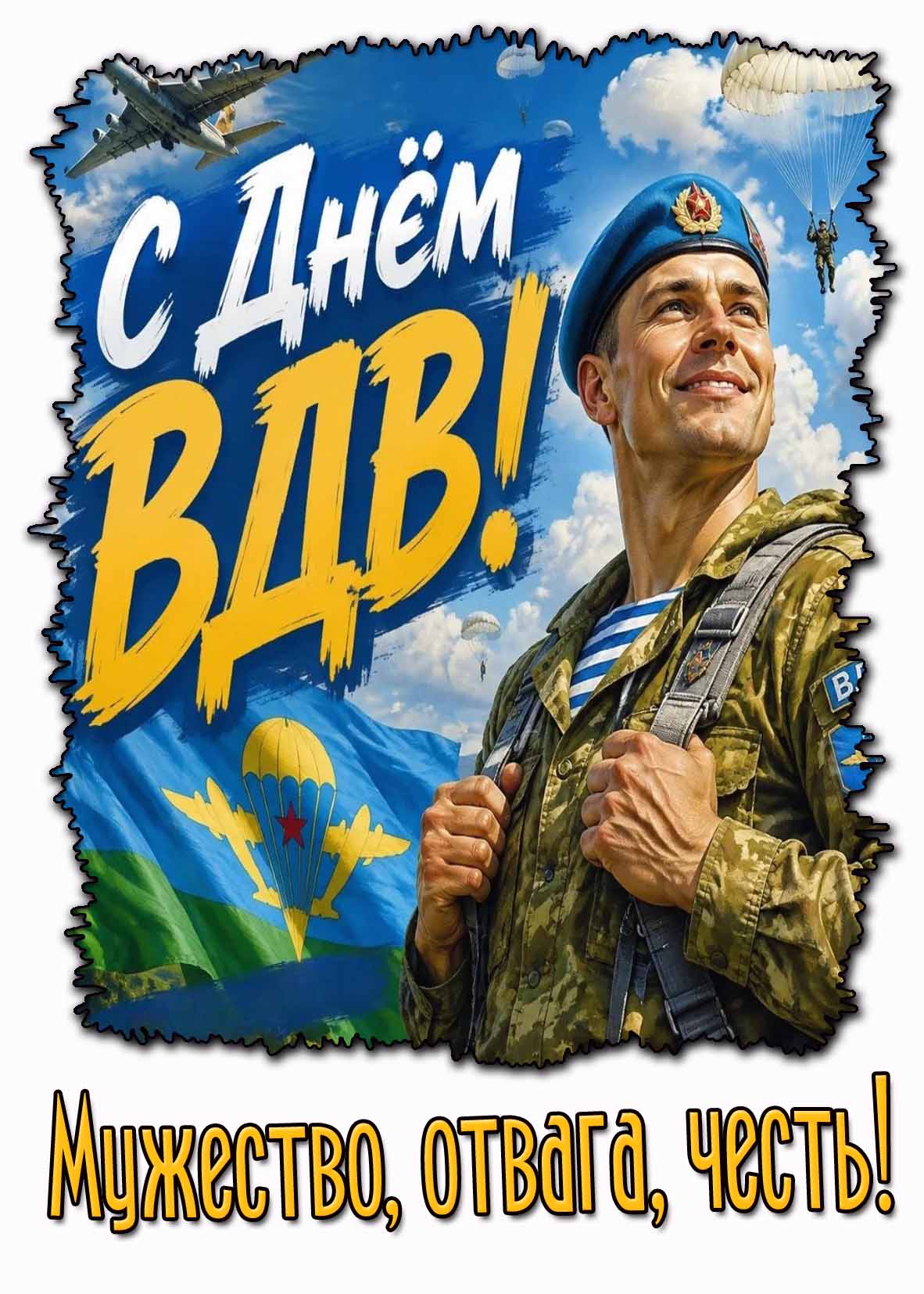 Открытка "С днём ВДВ! Мужество, отвага, честь!"