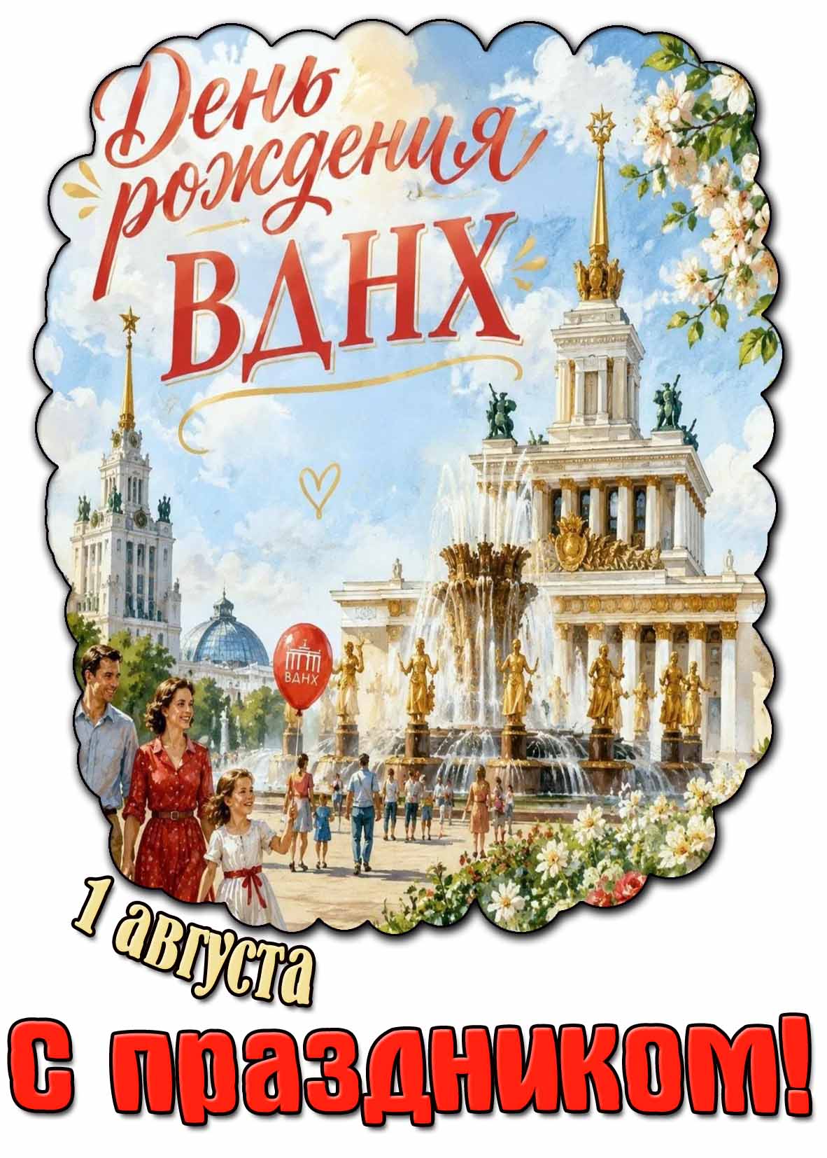 Открытка 1 августа - день рождения ВДНХ! С праздником!