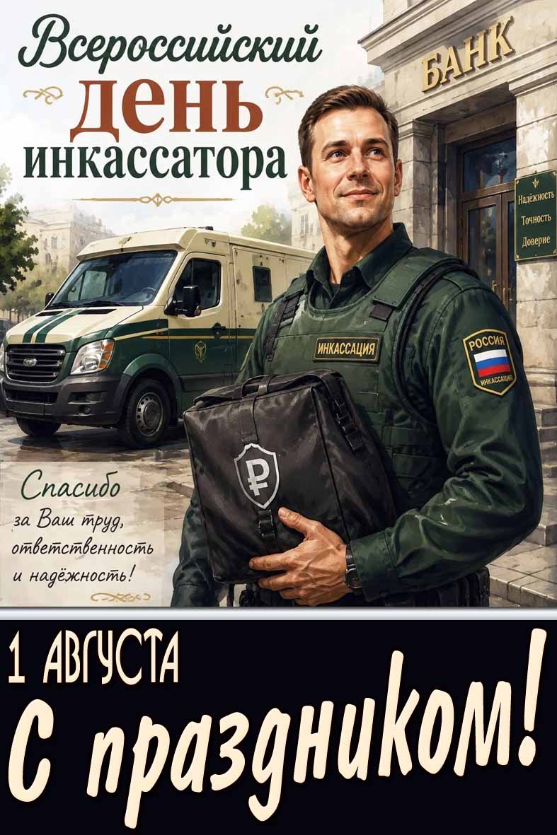 Открытка 1 августа - всероссийский день инкассатора! Спасибо за Вам труд, ответственность и надёжность! С праздником!