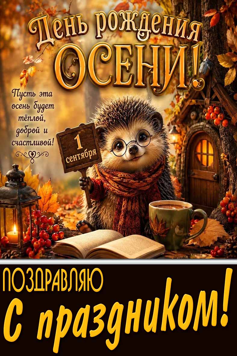 Открытка 1 сентября - день рождения осени! Поздравляю с праздником! Пусть эта осень будет тёплой, доброй и счастливой!