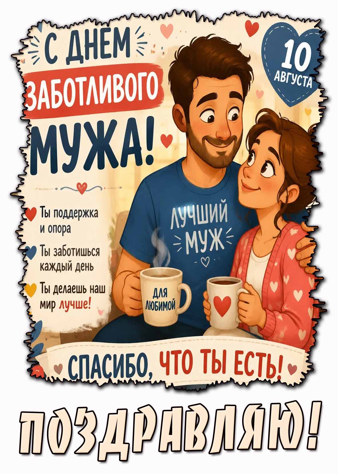 Открытка 10 августа - с днём заботливого мужа! Спасибо, что ты есть! Поздравляю!