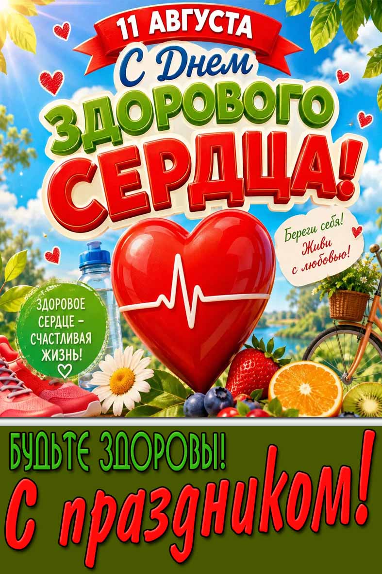 Открытка 11 августа - с днём здорового сердца! Береги себя! Живи с любовью! Будьте здоровы! С праздником!