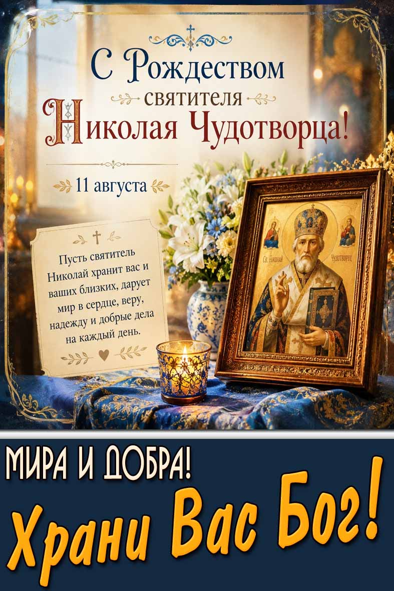 Открытка 11 августа - С Рождеством святителя Николая Чудотворца! Мира и добра! Храни Вас Бог!