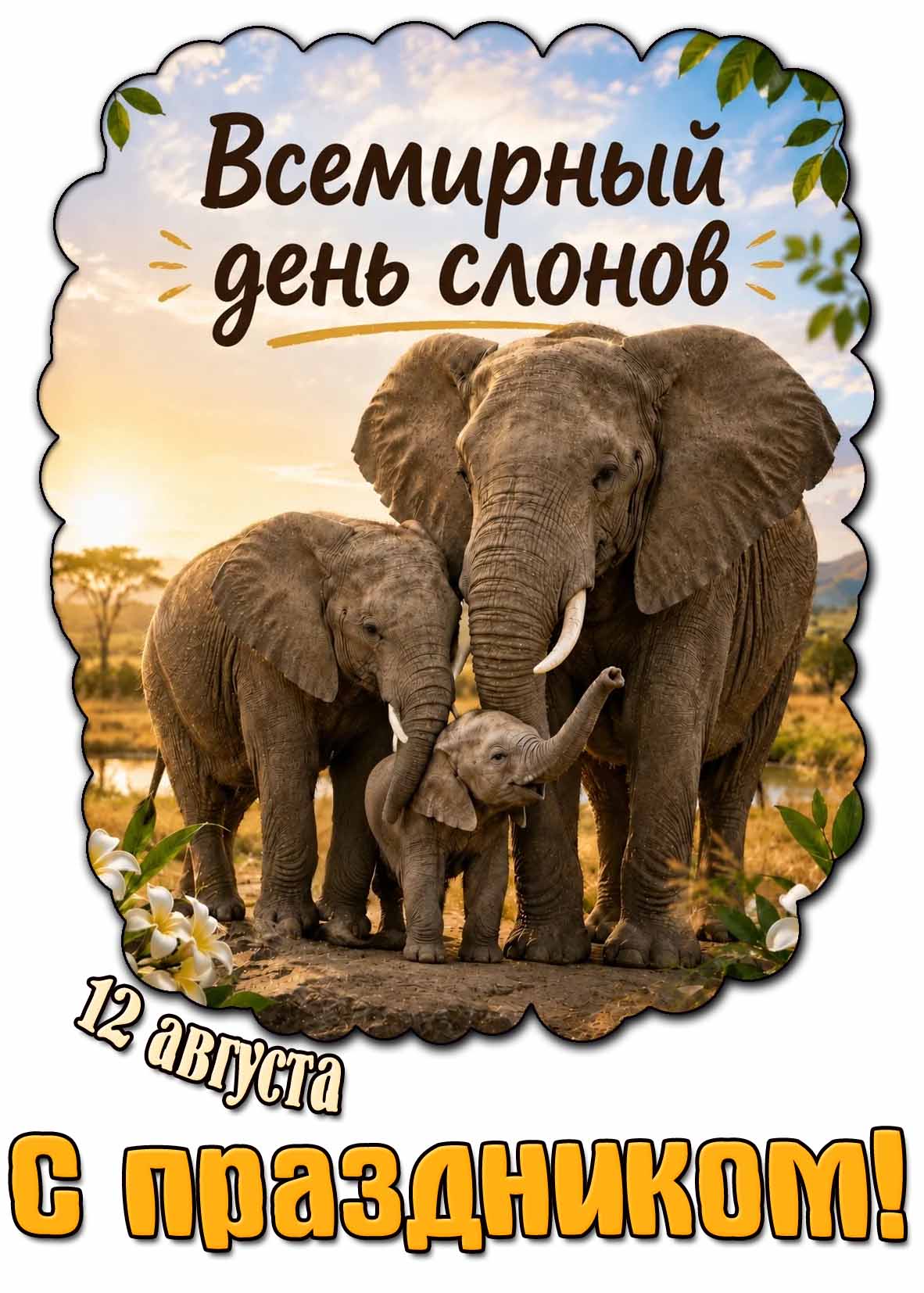 Открытка 12 августа - Всемирный день слонов! С праздником!